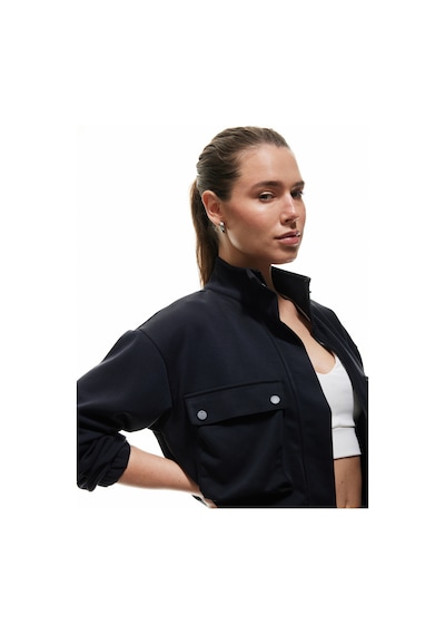 Koton Kolej Bomber Ceket Crop Kalın Modal Kumaş Düğmeli Cep Detaylı Siyah 5wak10096nk