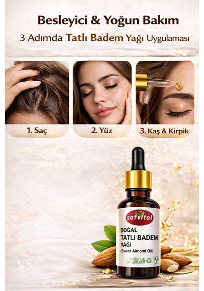 Safvital Tatlı Badem Yağı %100 Saf 20 Ml Saç Cilt Kaş Kirpik Besleyici Doğal Bakım Yağı Soğuk Pres