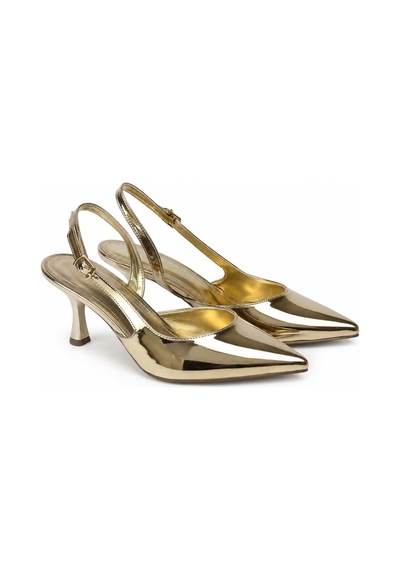 Asmi Shoes Kadın Siena Altın Rugan 7 Cm Topuklu Sivri Burun Arkası Açık Atkılı Ayakkabı