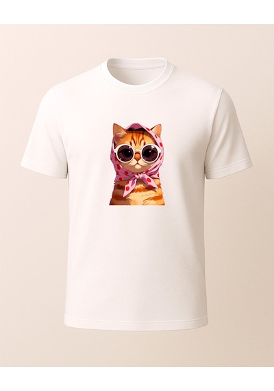 Başörtülü Sarı Kedi -sarman- Baskılı T-shirt Beyaz