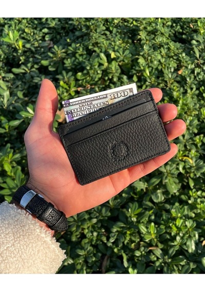 Unisex Mat Black Mini Design Hakiki Deri Kartlık Cüzdan Erkek - Kadın Siyah