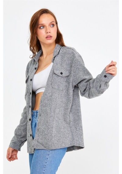 Tarz Cool Kadın Gri Slim Fit Cepli Düz Oduncu Gömlek-kkkodg001r10s Gri