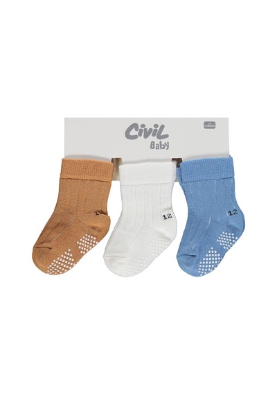 Civil Baby Çift Baskı Kaydırmaz 3'lü 6- Bebek Erkek Çorap Set - Standart