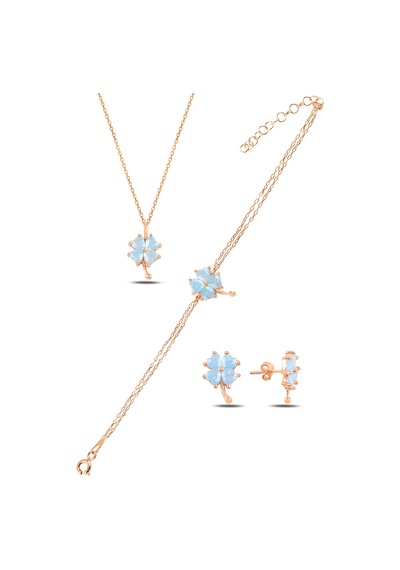 Çekirdekjewelry 925 Ayar Gümüş Rose Açık Mavi Taşlı Yonca Takı Seti Pembe