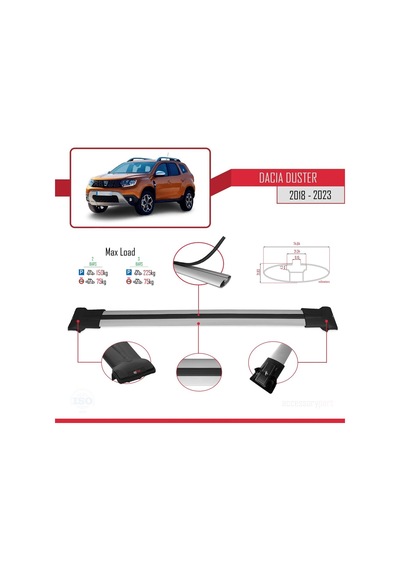 Dacia Duster 2018-2023 Arası İle Uyumlu Fly Model Ara Atkı Tavan Barı Gri