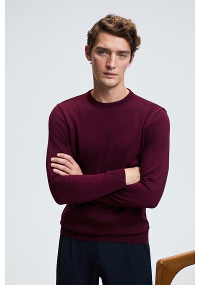 Grimelange VAREX Erkek Yuvarlak Yaka Basic Slim Fit Triko Bordo Kazak