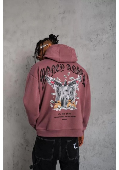 Erkek Kordon İpli Baskılı Kapüşonlu Sweatshirt - Gül Kurusu 001