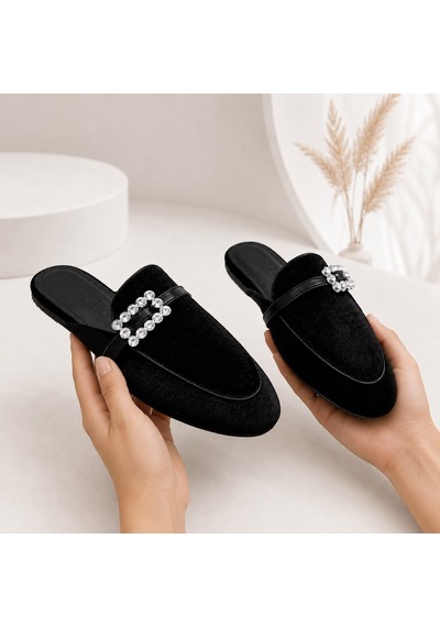 Dabab Shoes Marıgold Kadın Taşlı Tokalı Siyah Kadife Görünümlü Kapalı Burun Düz Taban Mule Terlik