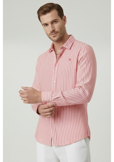 Rizzup Kırmızı Slim Fit Çizgili %100 Pamuk Erkek Gömlek Nefes Alan Şık Günlük Gömlek 2602626