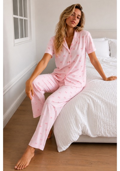 Kadın Loose Kalıp Pamuklu Pembe Pijama Takımı