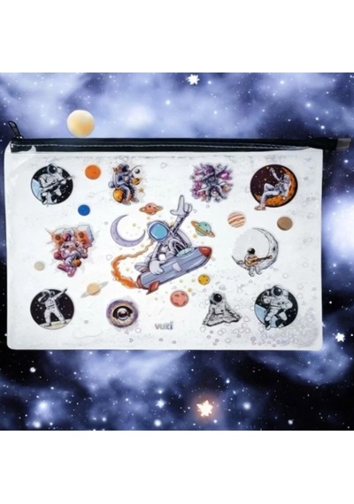 Vuki Astronot Simli Ve Sulu Fermuarlı Şeffaf A4 Dosya Çok Renkli