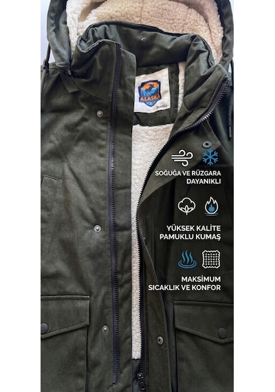 Alaska The Last Frontier Slim Fit Çıkarılabilir Kapüşonlu Gabardin Uzun Parka Kaban Haki