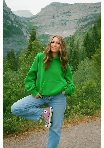 Benroma Düz Ünisex Oversize Kapüşonlu Sweatshırt Yeşil