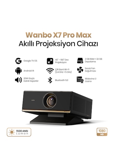 Wanbo X7 Pro Max Google Tv Projeksiyon Cihazı, 1500 Ansı Lümen, Full Hd 1080p, 4k Destekli, Otomatik Odaklama