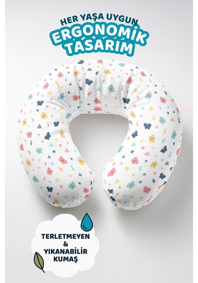 Renkli Kelebekler Pamuklu Boyun Yastığı - Pastel Motifli Sarı Pembe Mavi Yetişkin Seyahat Yastığı Çok Renkli