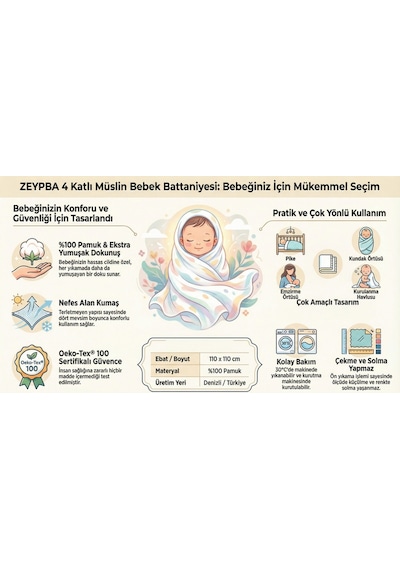 Zeypba Bebek & Çocuk İçin % 100 Pamuk 4 Katlı Müslin Örtü Bej Çizgili 110x110 CM Açık Bej