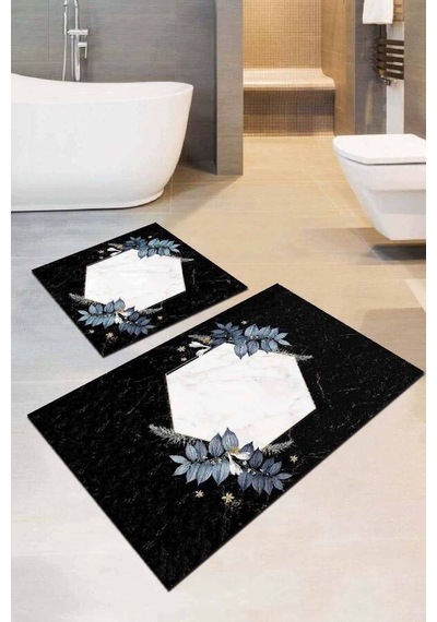 Siyah Çiçekli Desen Banyo Halısı Klozet Paspas Seti Bs048n11