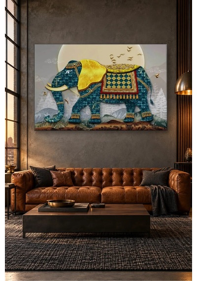 Fida Altın Örtülü Desenli Mavi Fil Canvas Tablo Çok Renkli