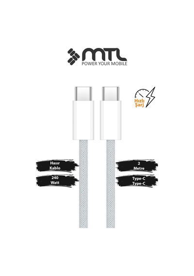 240w Type-c To Type-c Ultra Hızlı Şarj Ve Data Kablosu Hasır Örgülü 2 Metre Mt2530