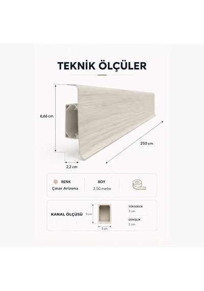 Esquero Kablo Kanallı PVC Süpürgelik 250 cm, Açılabilir Kapaklı, Çınar Arizona, ESQ602