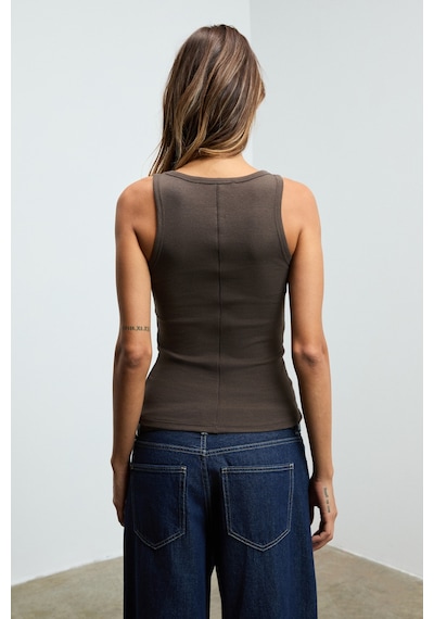 Ethıquet Lıllesol Kadın Fitilli Görünümlü Slim Fit Vücuda Oturan Havuz Yakalı Pamuklu Basic Kahveren Kahverengi