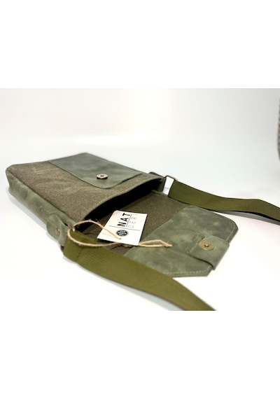Natderi Hakiki Deri Ve Kanvas Omuz Çantası 20x21 Cm Ayarlanabilir Askılı, Ön Cepli Unisex Günlük Çanta Haki