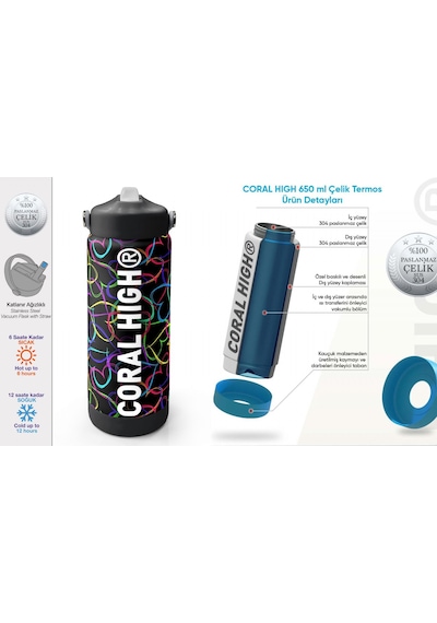 Coral High 650 Ml Kız Çocuk Kalp Baskılı Siyah Pembe Çelik Suluk/matara Pipetli 38382 Siyah - Pembe