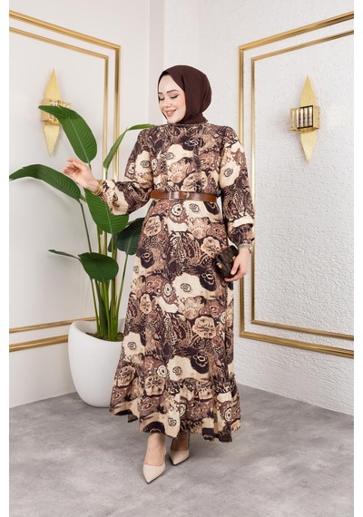 Harman Butik Kadın Kemerli Etnik Desen Elbise Kahverengi Kahverengi