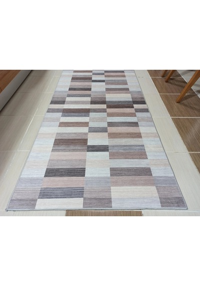Modern Geometrik Blok Desenli Bej Ve Kahverengi Halı - 12440ou Gri
