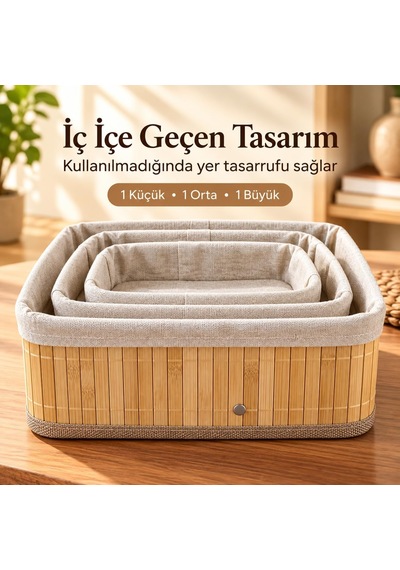 Bambu Düzenleyici Sepet Seti, Kumaş Astarlı, 3'lü Set Diğer