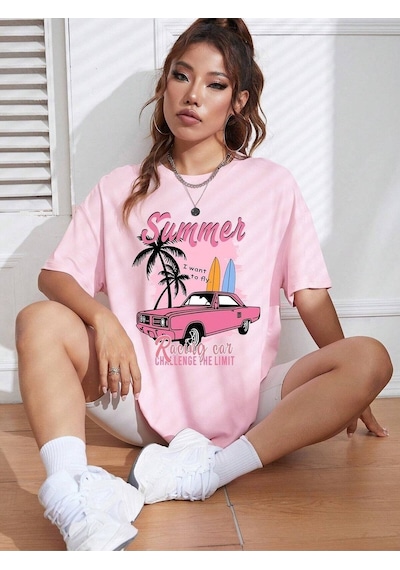 Flood Of Style Kadın Pembe Summer Racing Car Baskılı Oversize T-shirt