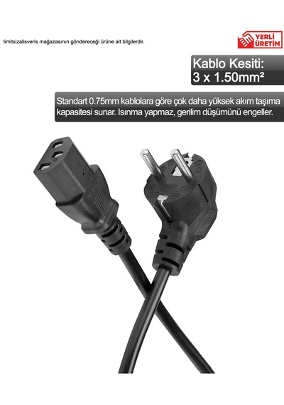 %100 Bakır 3 X 1.50mm2 Kalın Kesit 1.5 Metre Bilgisayar Kasa Güç Kablosu Pc Power Kablosu Yerli Üretim