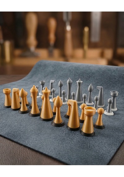Modernist Ohme Tasarım Satranç Takımı - Minimalist Ve Dekoratif Özel Seri Gri-gold İki Takım Taş