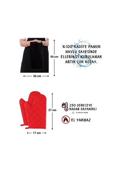 Star Ayar Askılı Havlulu 4lü Mutfak Önlüğü Seti 2 Eldiven Siyah-siyah-kırmızı