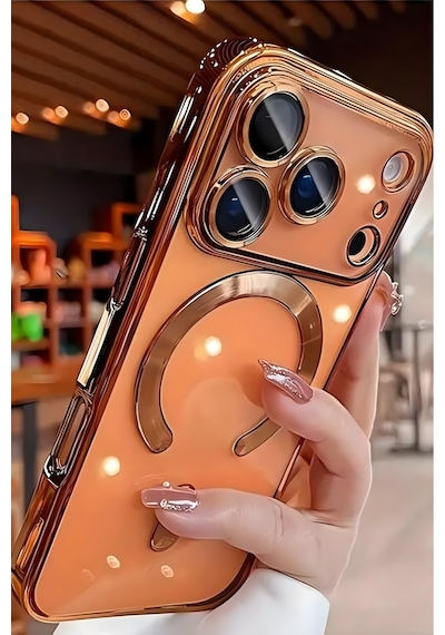 Fibaks iPhone 17 Pro Max Uyumlu Kılıf Kamera Lens Korumalı Magsafe Şarj Kilifi Şeffaf Renkli Yumuşak Kapak Turuncu