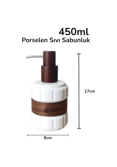 Ahşap Detaylı Porselen Sıvı Sabunluk 450 Ml Çelik Pompa Uçlu Mutfak Ve Banyo Deterjanlık Kahverengi