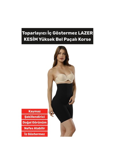Özel Üretim İz İç Göstermez Kaymaz Sıkılaştırıcı Şekillendirici Lazer Kesim Yüksek Bel Paçalı Korse Siyah