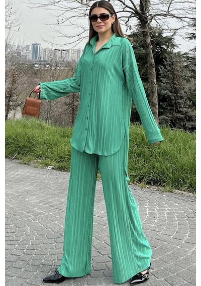 WeShaya Kadın Yeşil Uzun Tunik Gömlek & Beli Lastikli, Bol Paça Pantolon - Salaş Bürümcük Takım Benetton