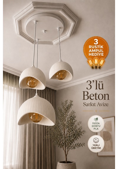 Beton Görünümlü 3'lü Sarkıt Avize Bohem Modern İskandinav Salon Yemek Masası Rustik Led Ampul Hediyeli Beyaz
