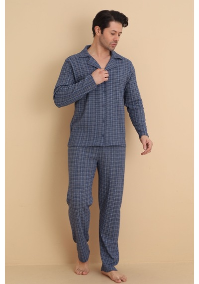 Wordex Falkom 2420 Boydan Düğmeli İnterlok Kalın Kumaş Erkek Ev Pijama Takımı Mavi