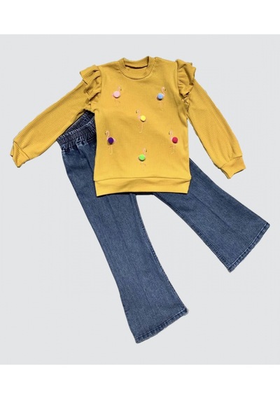 4-5-6 Yaş Kot Pantolonlu Flamingo Desenli Penye Sweat Uzun Kollu 2li Kız Çocuk Takımı 001