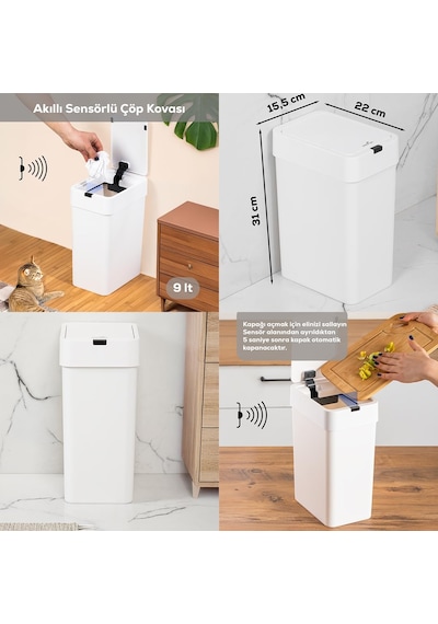 Porsima Me-06 Hareket Sensörlü 9lt Sessiz Banyo Mutfak Çöp Kovası Beyaz Çok Renkli