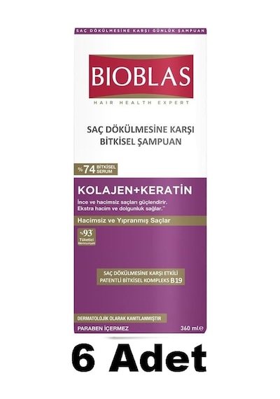 Bioblas Kolajen + Keratin Saç Dökülmesine Karşı Şampuan 6 x 360 ML