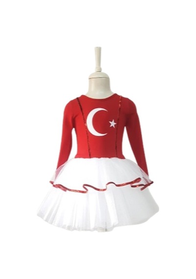 Türk Bayraklı Milli Bayramlar 4-5 Yaş Beyaz Tütülü Kırmızı Beyaz Kostüm