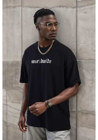 Balenbi Unisex Bisiklet Yaka Oversize Kalıp Penye Tişört 1004 Siyah