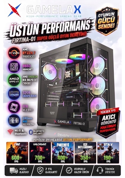 Gamelax Fırtına-01 Amd Ryzen7 9800x3d Rx9070xt 16gb 32gb Ddr5 Ram 1tb M.2 Ssd 240mm Sıvı Soğutma Wi-