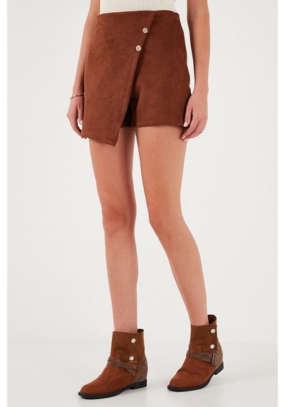 Lela Asimetrik Kışlık Scuba Süet Düğme Detaylı Slim Fit Bayan Şort Etek 5865968 Taba