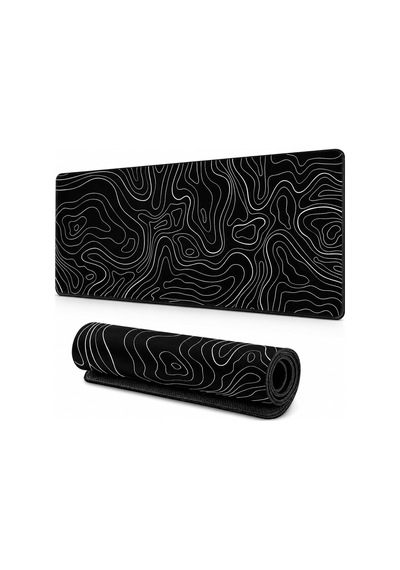 90x40 Cm Mouse Pad, Beyaz Topografik Kontur Desenli Büyük Mouse Pad, Kaymaz Kauçuk Tabanlı, Dikişli Kenarlı 3 Mm Klavye Ve Mouse Altlığı, Minimal Desk Mat