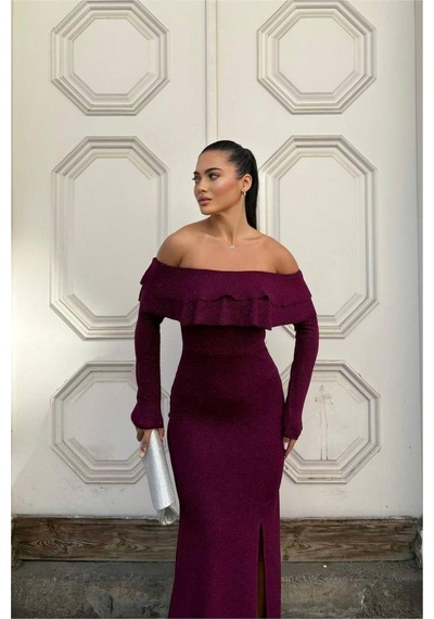 Lior Design Kadın Modern Stil Esnek Simli Kumaş Straplez Volanlı Abiye Elbise Açık Mor