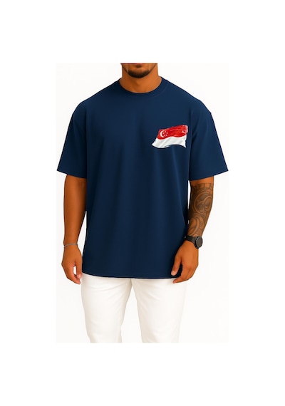 Bahriyeli Collection Oversize Kırmızı Ve Beyaz Ülke Bayrağı, Singapur Bayrağı Cep Tasarımlı Unisex T-shirt Lacivert